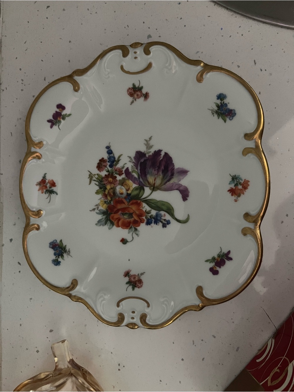 Porcelain Floral Decorative Plate with Gold Trim - White and Purple
